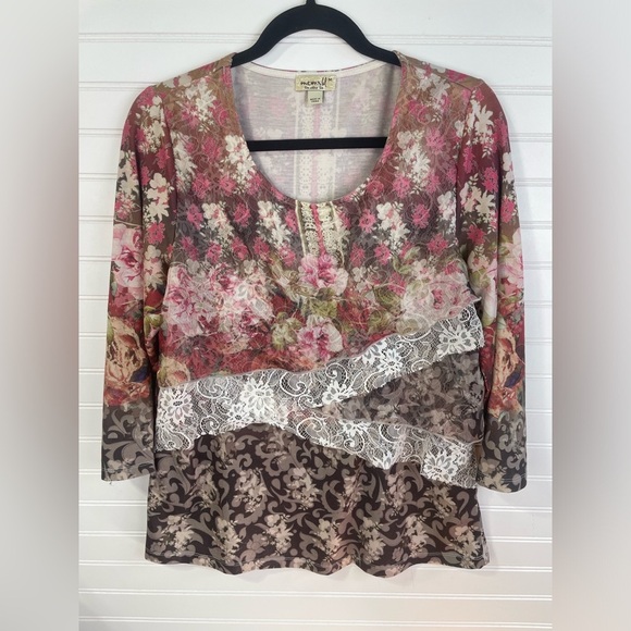 Oneworld Mixed Floral Print Lace Long Sleeve Scoop Neck Top Medium Women’s EUC - Picture 1 of 10